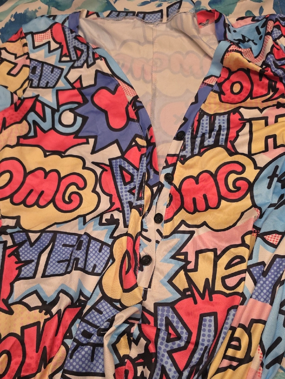 Pop Art Graphic Button-Front Onsie Jumpsuit with Comic Print